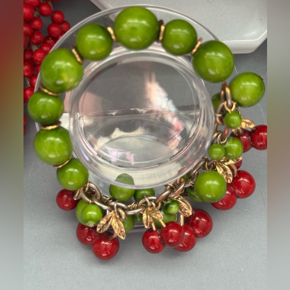 Vintage Green and Red Cherries Beaded Bracelet with Gold Accents